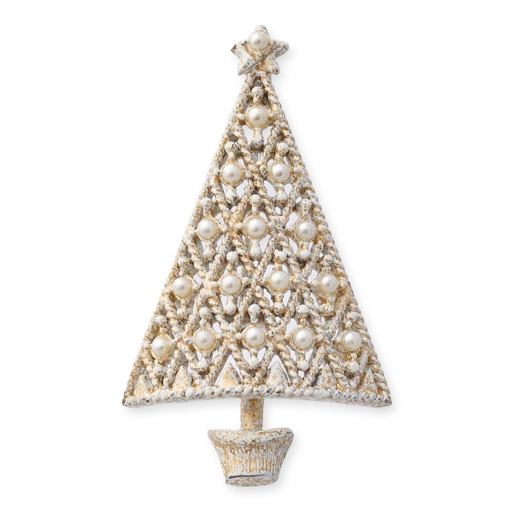 Vintage Christmas Tree Brooch Faux Pearl Flocked White Enamel Gold Tone Pin